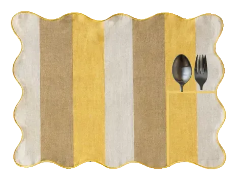 Miso Butter linen placemat in three panels, mustard through cream into deep ochre with butter yellow piping, wavy edge and a pocket for cutlery.