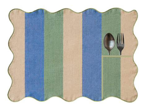 EVOO linen placemat in three panels, green through cream into blue with olive piping, wavy edge and a pocket for cutlery.