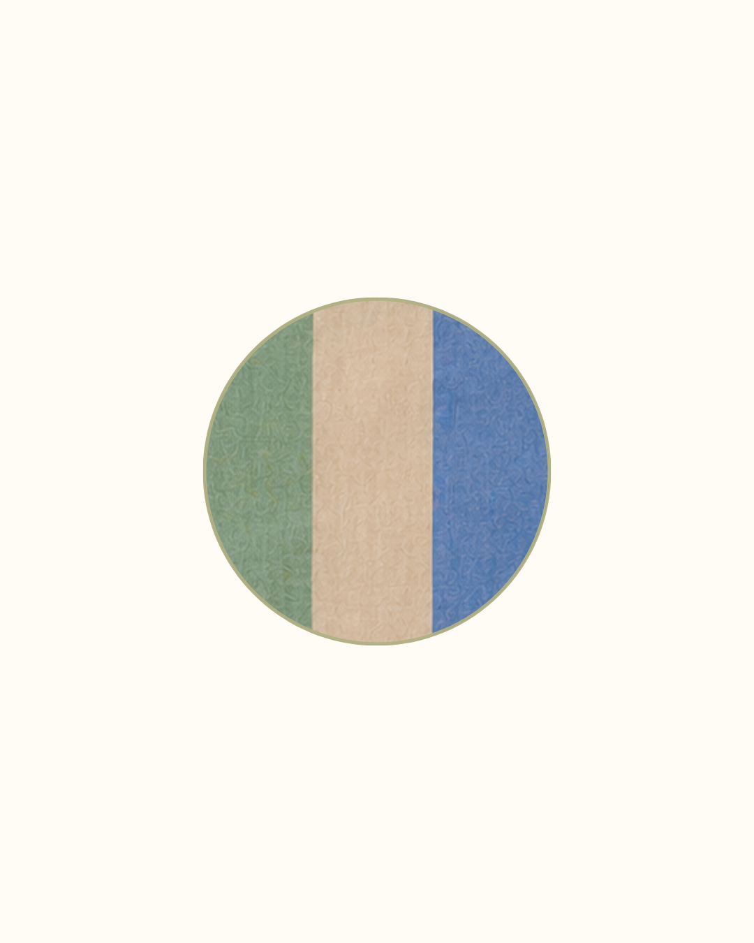 Four round linen coasters in EVOO, green through cream into blue, piped in olive.